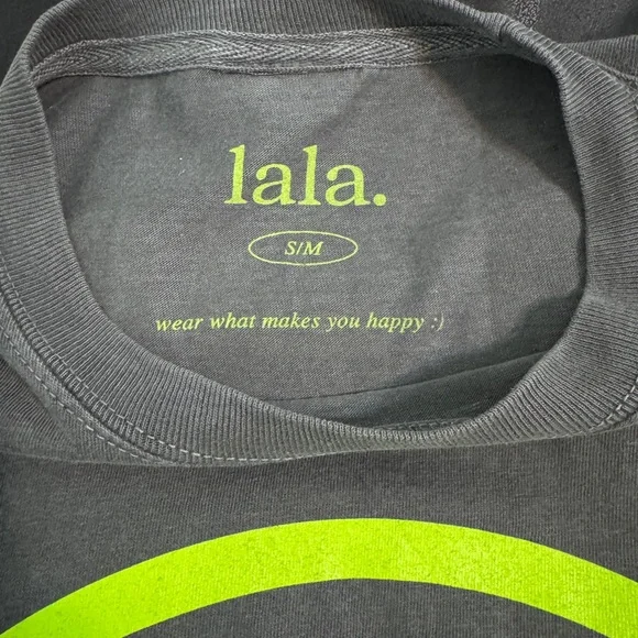 NWOT Dressed in LALA Washed Charcoal Tee with Neon Lime Smiley - Size S/M - Picture 8 of 12